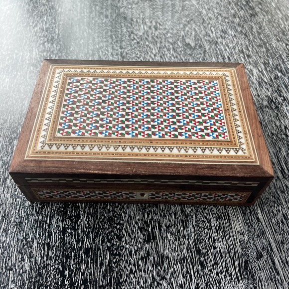 Vintage Wooden‎ Marquetry Jewelry Box White Red Green Blue